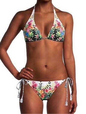 Johnny Was Floral Halter Tie-Side Bikini - White & Black Floral size M